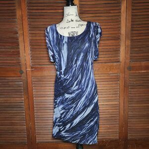 Vivienne Tam Blue Mesh Ruched Side Dress